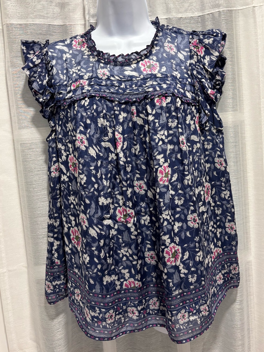 Vineyard Vines Navy Floral Silk Blend Ruffle Flutter Sleeve Lined Blouse Medium